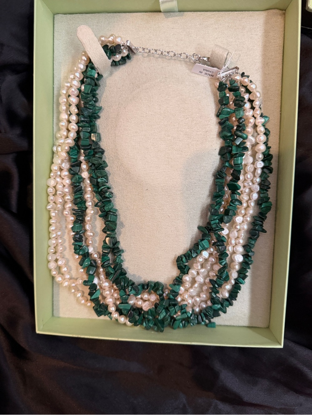 NWT Ross-Simons Green Chip and Pearl Multi-Strand Necklace